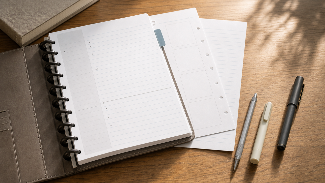 A refined student workspace with a Levenger Circa notebook open to an annotation‑ruled page, a Page Finder tab marking today’s lecture, and a pen and highlighter ready for class.