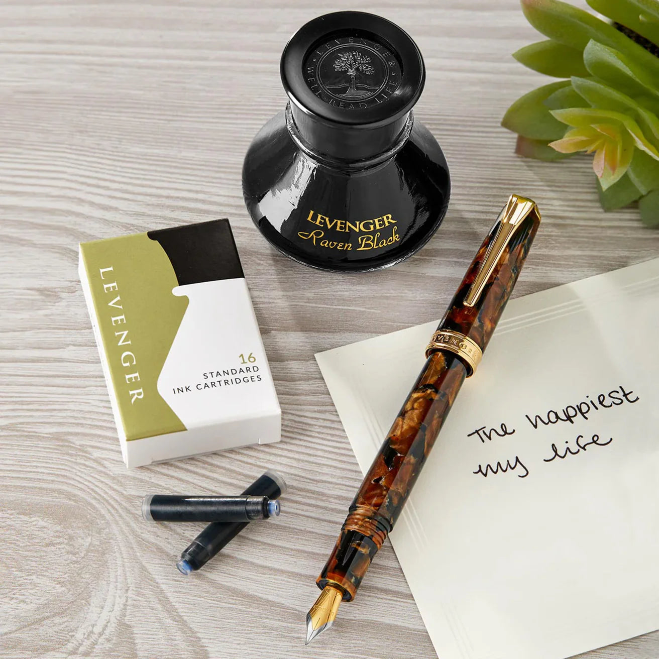 A well‑loved fountain pen, rollerball, and ballpoint arranged beside assorted refills and a soft cloth, ready for maintenance.