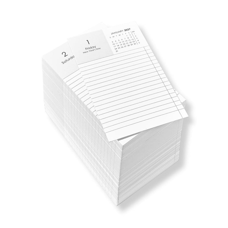 Stack of 3 by 5 daily calendar cards with ruled pages and a January 2027 calendar