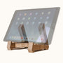 Rose gold iPad on a Birch wood stand with a pale neutral background