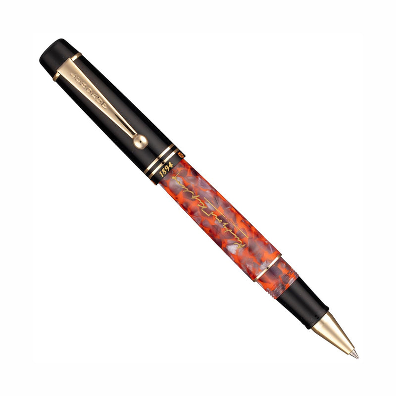 LeBoeuf Jungle Book rollerball pen with black cap and red marbled barrel with gold trim