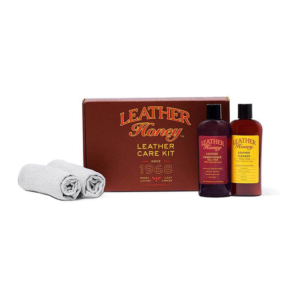 Leather Honey Leather Care Kit box with two brown bottles and two rolled gray cloths