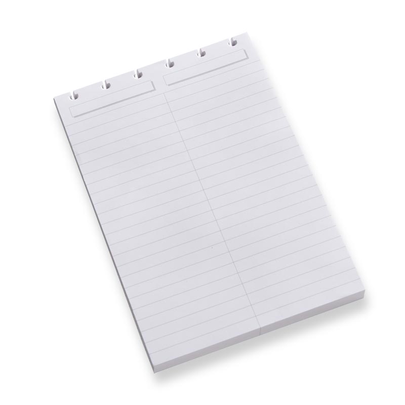 White stenographer pad refill sheet with blue ruled lines and top edge holes