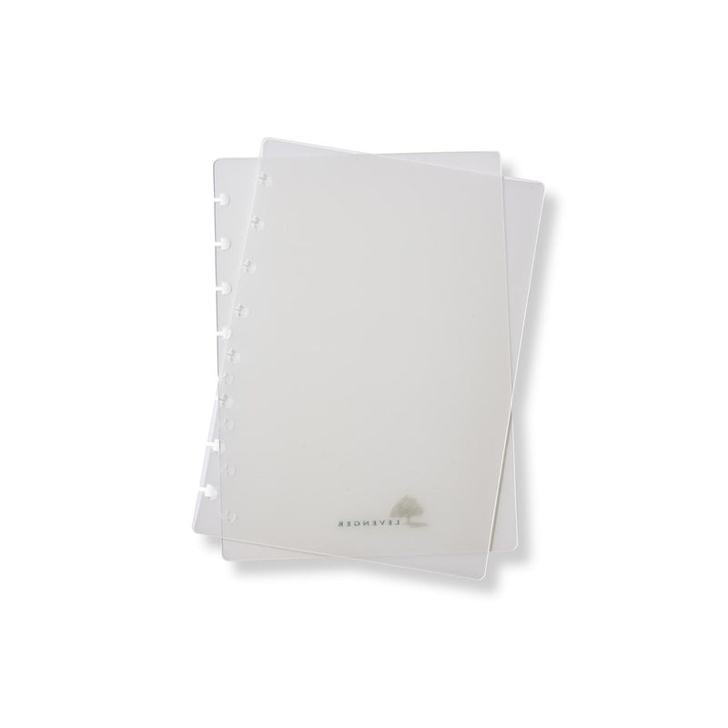 Three translucent notebook covers stacked in a fan on a white background