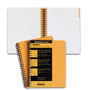 Closed orange Rhodia meeting book with spiral binding and packaging resting on an open notebook spread