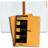 Orange Rhodia meeting book with spiral binding and its black and yellow packaging on top of an open notebook.